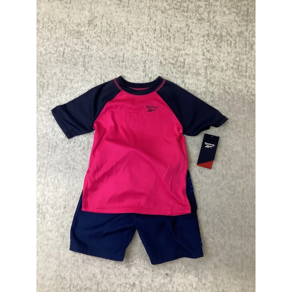 Reebok Boys 2 Piece Swim Set Rash Guard Shorts Laser Pink Navy Blue Size 6